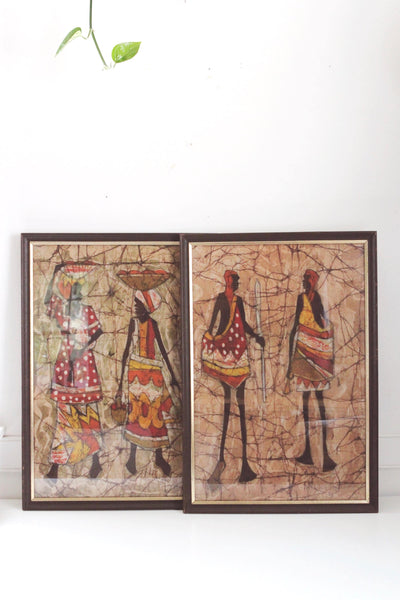 Vintage Batik Fabric Hand Painted Framed Wall Art