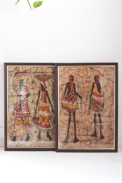 Vintage Batik Fabric Hand Painted Framed Wall Art