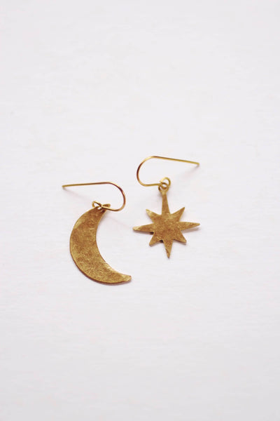 Hammered Moon Star Earrings | Drop Earrings | Hammered Earrings | Star Earrings | Moon Earrings | Modern Jewelry | Brass Earrings