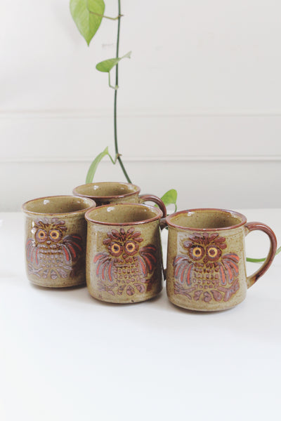 Vintage Coffee Mug - Speckled Owl Stoneware Green