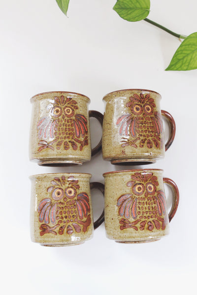 Vintage Coffee Mug - Speckled Owl Stoneware Green