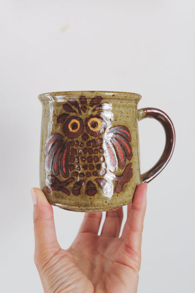 Vintage Coffee Mug - Speckled Owl Stoneware Green
