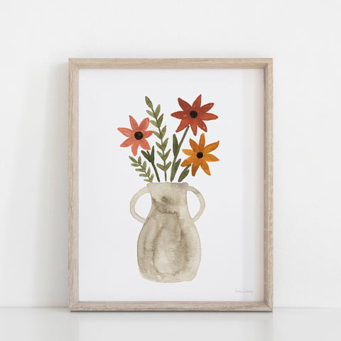 Watercolor Stone Vase Flowers Wall Art Print | Watercolor Art Print | Botanical Art | Nature Art | Flowers Art | Boho Art | 5x7 8x10 11x14