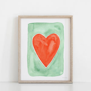 Coral Mint Heart Wall Art Print | Watercolor Art Print | Minimalist Art | Colorful Art | Heart Art | Childrens Art | 5x7 8x10 11x14
