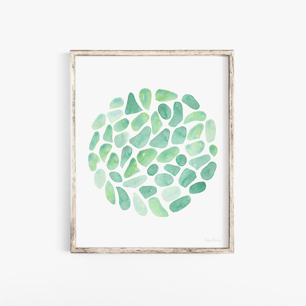 Watercolor Sea Glass Circle Wall Art Print | Watercolor Art Print | Ocean Art | Beach Art | Green Art | Boho Art | 5x7 8x10 11x14