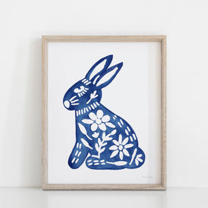 Blue Floral Rabbit Wall Art Print | Watercolor Art Print | Blue Art | Animal Art | Watercolor Painting | Floral Art | 5x7 8x10 11x14