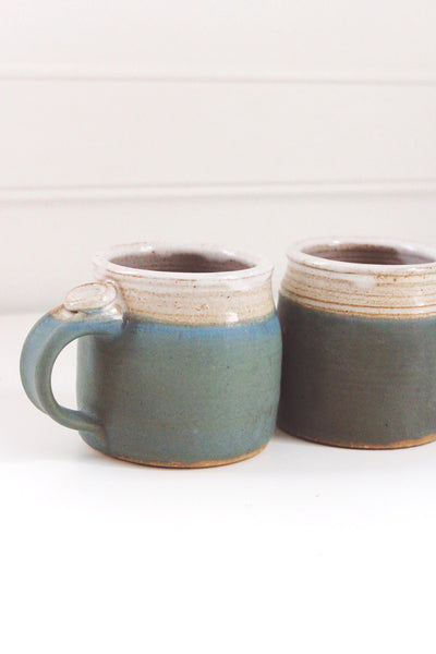 Vintage Studio Pottery Hand Thrown Coffee Mug Set - Teal Stoneware