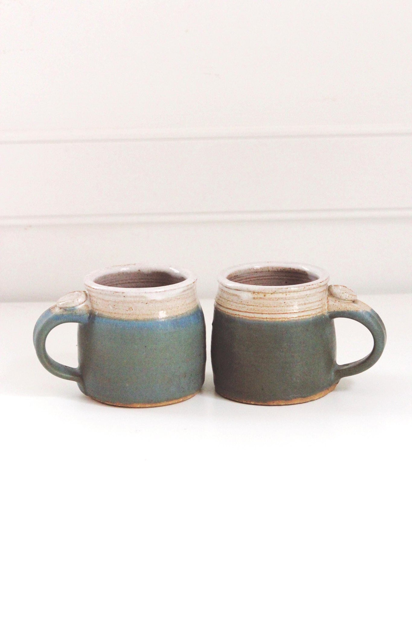 Vintage Studio Pottery Hand Thrown Coffee Mug Set - Teal Stoneware