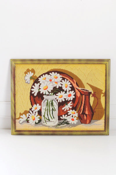 Vintage Crewel Embroidered Daisy Flowers Framed Wall Art | Vintage Embroidery | Embroidered Art | Vintage Art | Vintage Wall Art