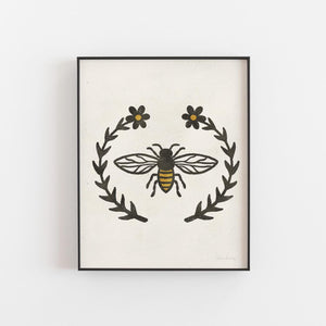 Bee + Flowers Wall Art Print | Modern Art | Minimalist Art | Nature Art | Plant Art | Geometric Art | Bee Art 5x7 | 8x10 | 11x14