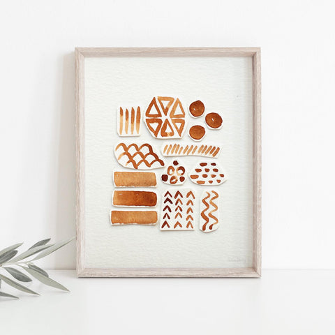 Abstract Geo Shapes Collage Sienna Wall Art Print | Modern Art | Minimalist Art | Abstract Art | Watercolor Art | Collage Art 5x7 8x10 11x14