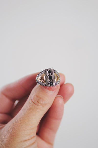 Vintage Sterling Silver 18k Gold Onyx Ring
