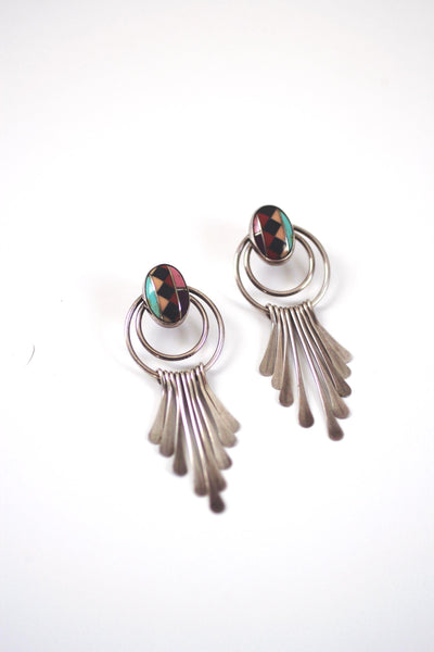 Vintage Sterling Silver Southwestern Zuni Inlay Fringe Earrings