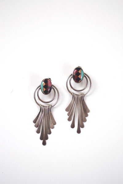 Vintage Sterling Silver Southwestern Zuni Inlay Fringe Earrings