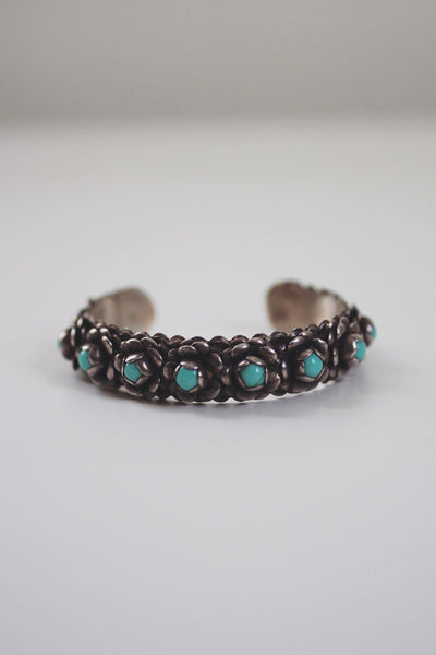 Vintage Sterling Silver Turquoise Flower Cuff Bracelet