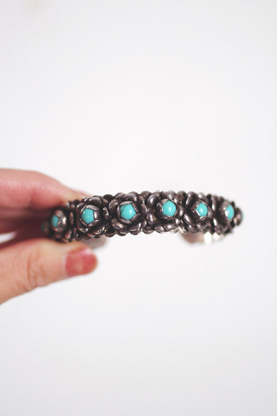 Vintage Sterling Silver Turquoise Flower Cuff Bracelet