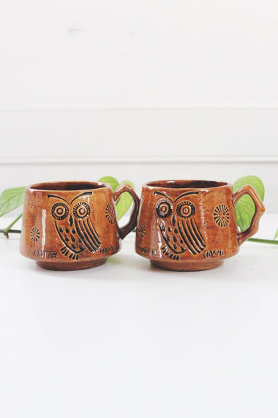 Vintage Glazed Stoneware Nite Owl Brown Mug 60s 70s