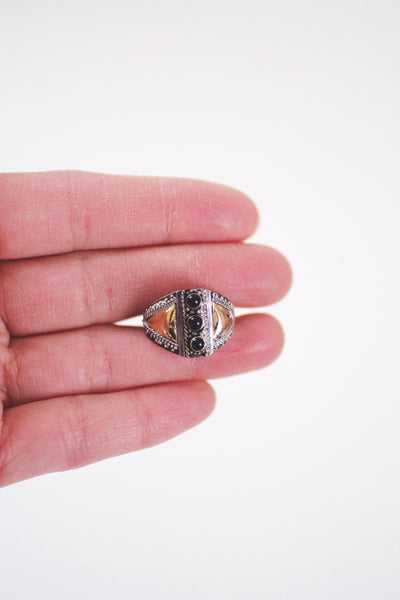 Vintage Sterling Silver 18k Gold Onyx Ring