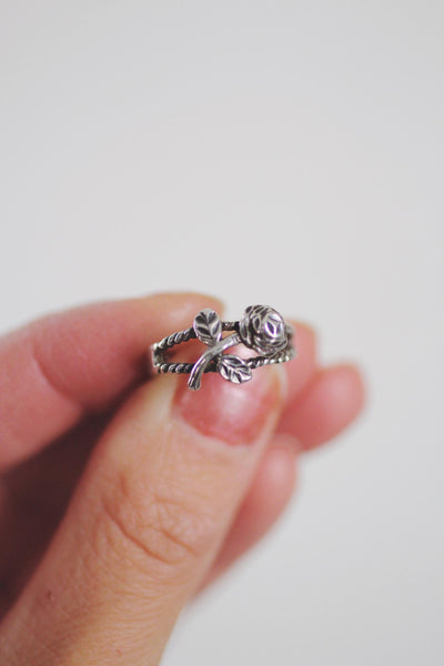 Vintage Sterling Silver Carved Rose Flower Ring