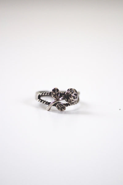 Vintage Sterling Silver Carved Rose Flower Ring