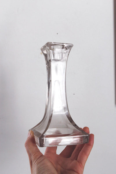 Vintage Square Clear Pressed Glass Manganese Candle Holders Pair