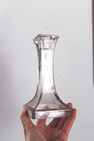 Vintage Square Clear Pressed Glass Manganese Candle Holders Pair