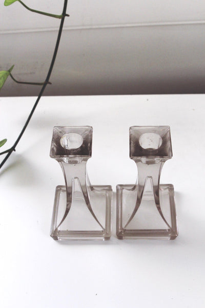 Vintage Square Clear Pressed Glass Manganese Candle Holders Pair