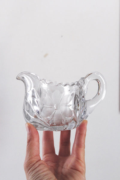 Vintage Pressed Lead Glass Cream Sugar Set Floral Design