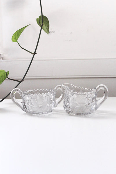 Vintage Pressed Lead Glass Cream Sugar Set Floral Design