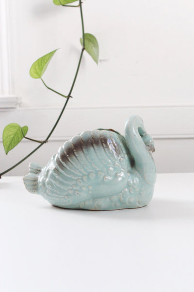 Vintage Miyata Ware Aqua Blue ceramic Double Swan Planter