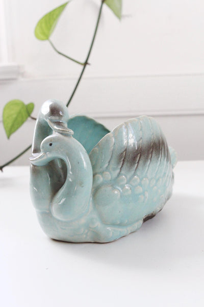 Vintage Miyata Ware Aqua Blue ceramic Double Swan Planter