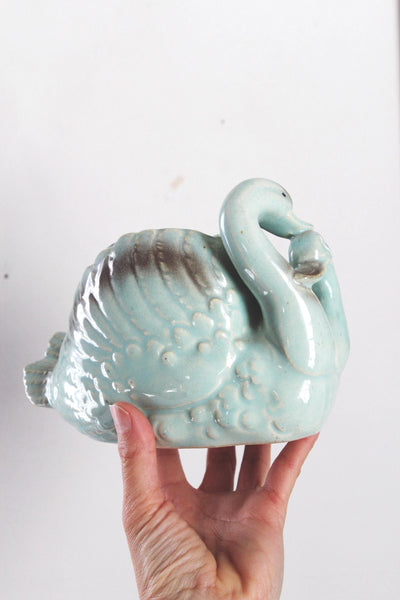 Vintage Miyata Ware Aqua Blue ceramic Double Swan Planter