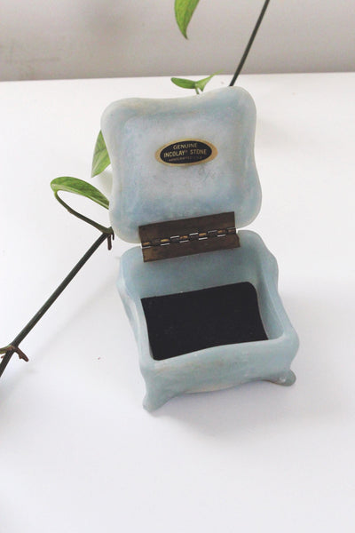 Vintage Blue Incolay Stone Flower Hinged Jewelry Box