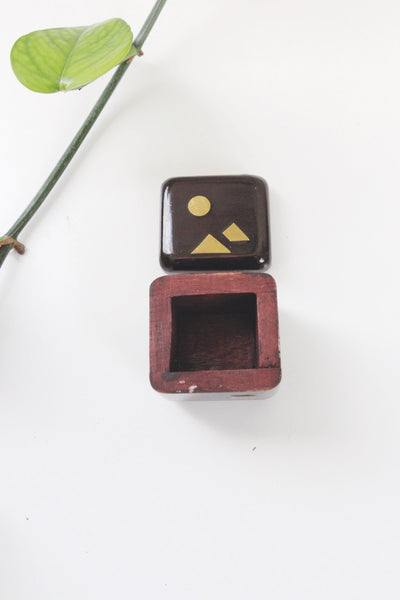Vintage Small Wood Brass Inlay Mountain Sun Trinket Box