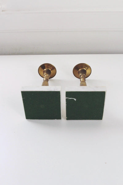 Vintage Mid-Century Modern Brass Carrera Marble Torchiere-Style Candlestick Holders Pair