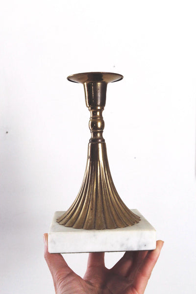 Vintage Mid-Century Modern Brass Carrera Marble Torchiere-Style Candlestick Holders Pair