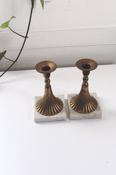Vintage Mid-Century Modern Brass Carrera Marble Torchiere-Style Candlestick Holders Pair