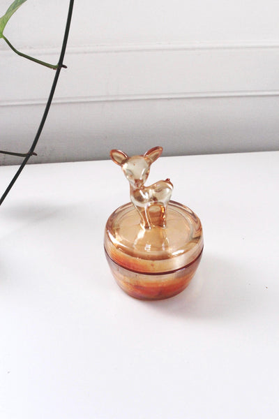 Vintage Jeanette Glass Marigold Carnival Glass Deer Dawn Powder Jar Trinket Dish
