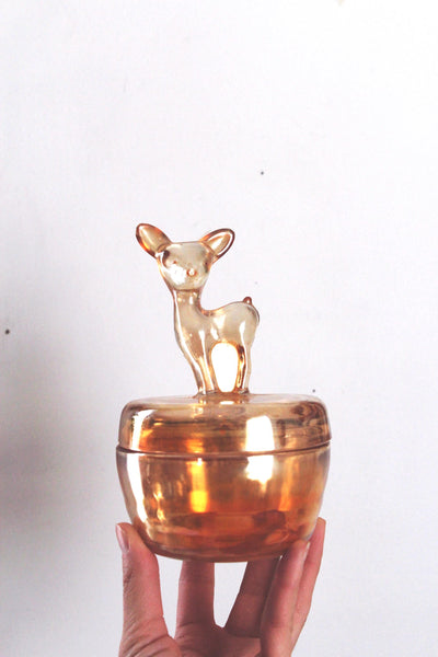 Vintage Jeanette Glass Marigold Carnival Glass Deer Dawn Powder Jar Trinket Dish