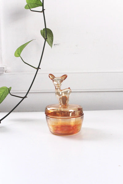 Vintage Jeanette Glass Marigold Carnival Glass Deer Dawn Powder Jar Trinket Dish