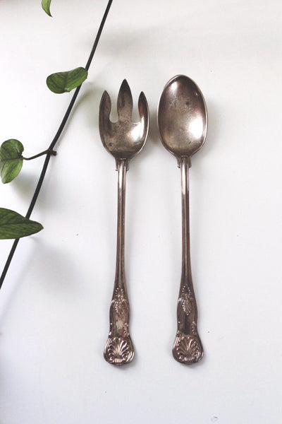 Vintage Silver-Plated Salad Servers Kings Pattern Style Spoon Fork Set
