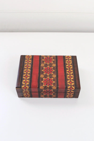 Vintage Polish Folk Art Wooden Trinket Box Floral Hinged Lid