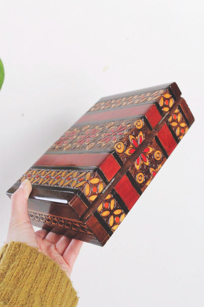 Vintage Polish Folk Art Wooden Trinket Box Floral Hinged Lid