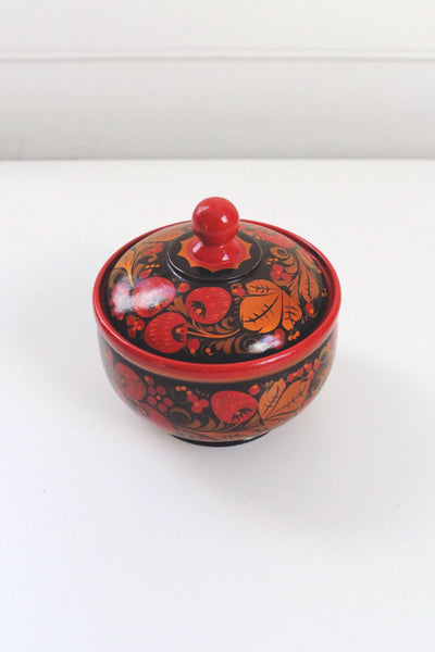 Vintage Traditional Russian Khokhloma Style Hand-Painted Wooden Sugar Bowl Trinket Box