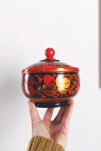 Vintage Traditional Russian Khokhloma Style Hand-Painted Wooden Sugar Bowl Trinket Box