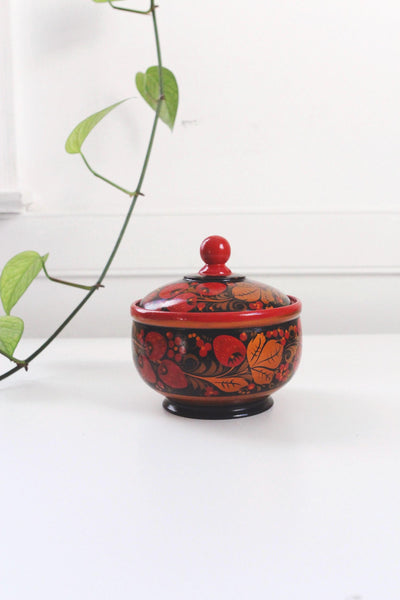 Vintage Traditional Russian Khokhloma Style Hand-Painted Wooden Sugar Bowl Trinket Box