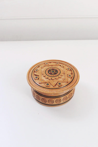 Vintage Russian Handmade Turned Solid Wood Round Trinket Box Geometric Inlay