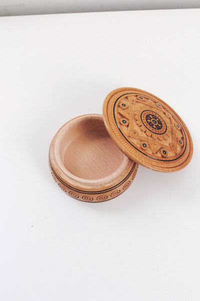 Vintage Russian Handmade Turned Solid Wood Round Trinket Box Geometric Inlay