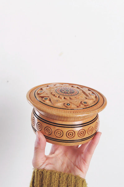 Vintage Russian Handmade Turned Solid Wood Round Trinket Box Geometric Inlay