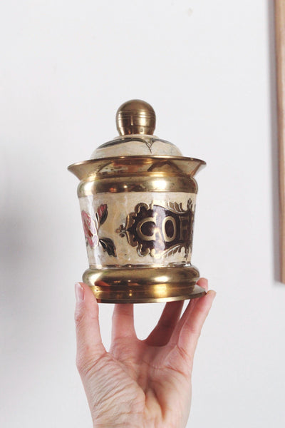 Vintage Hand-Painted Floral Brass Enamel Tea Coffee Sugar Kitchen Canisters Set of 3